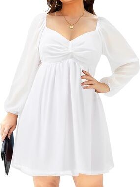 Chiffon White Long Sleeve Sweetheart Babydoll Dress